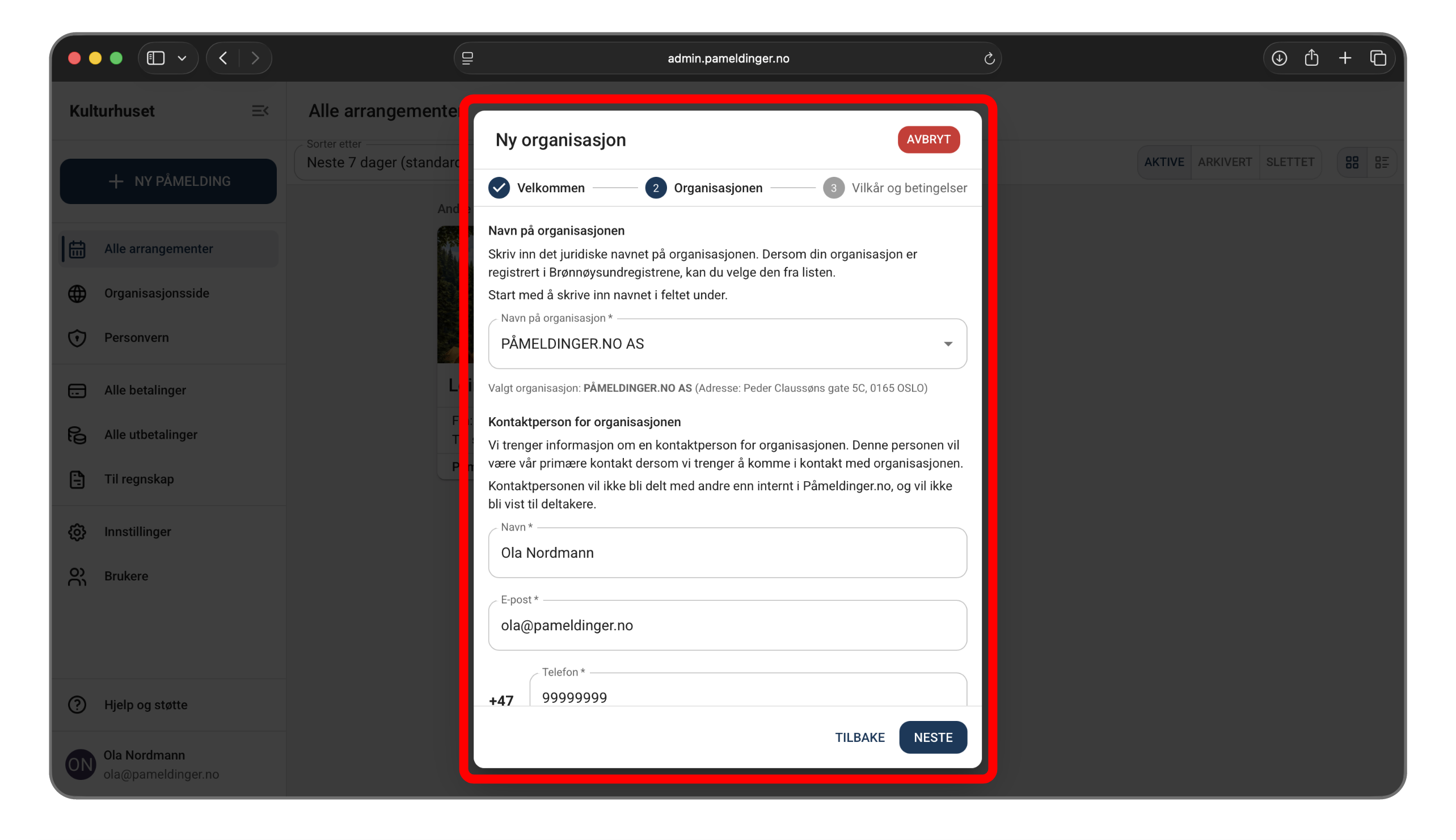 Utfylling av informasjon for ny organisasjon